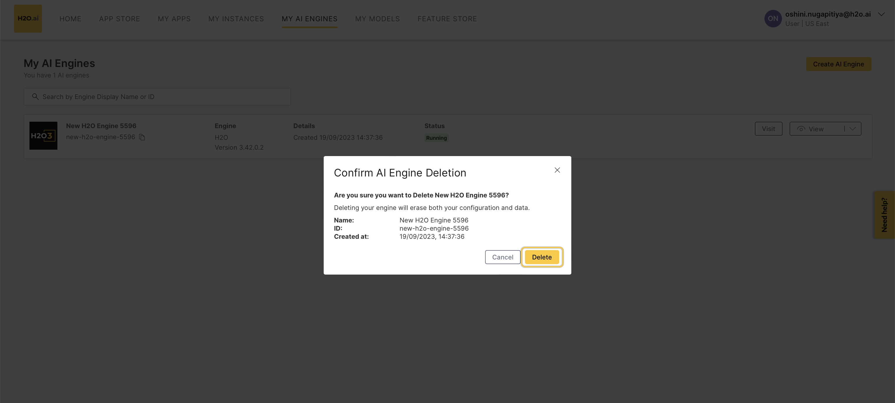 confirm H2O engine deletion