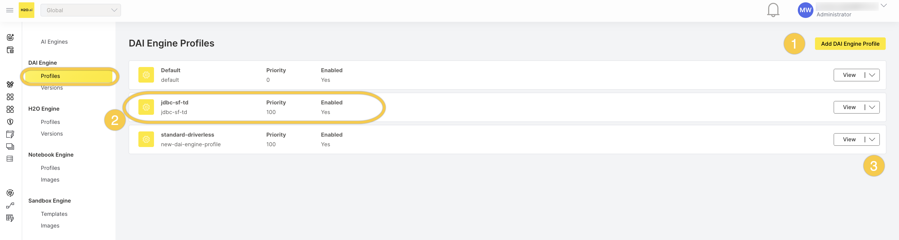DAI Engine Profiles list showing three profiles with their display name, profile ID, priority, and enabled status. Callouts: (1) Add DAI Engine Profile button, (2) a profile row, (3) View button with dropdown menu.