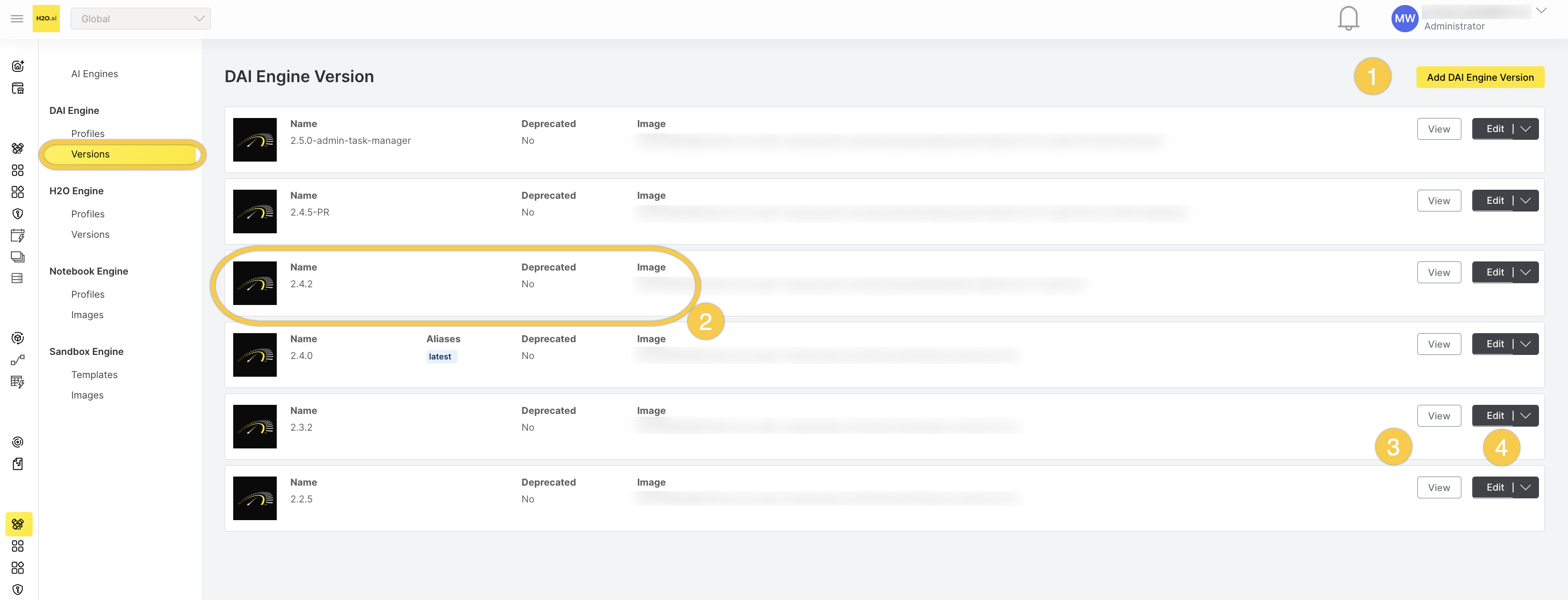 DAI Engine Version list showing available versions with name, aliases, deprecated status, and container image. Callouts: (1) Add DAI Engine Version button, (2) a version row, (3) View button, (4) Edit button with dropdown menu.