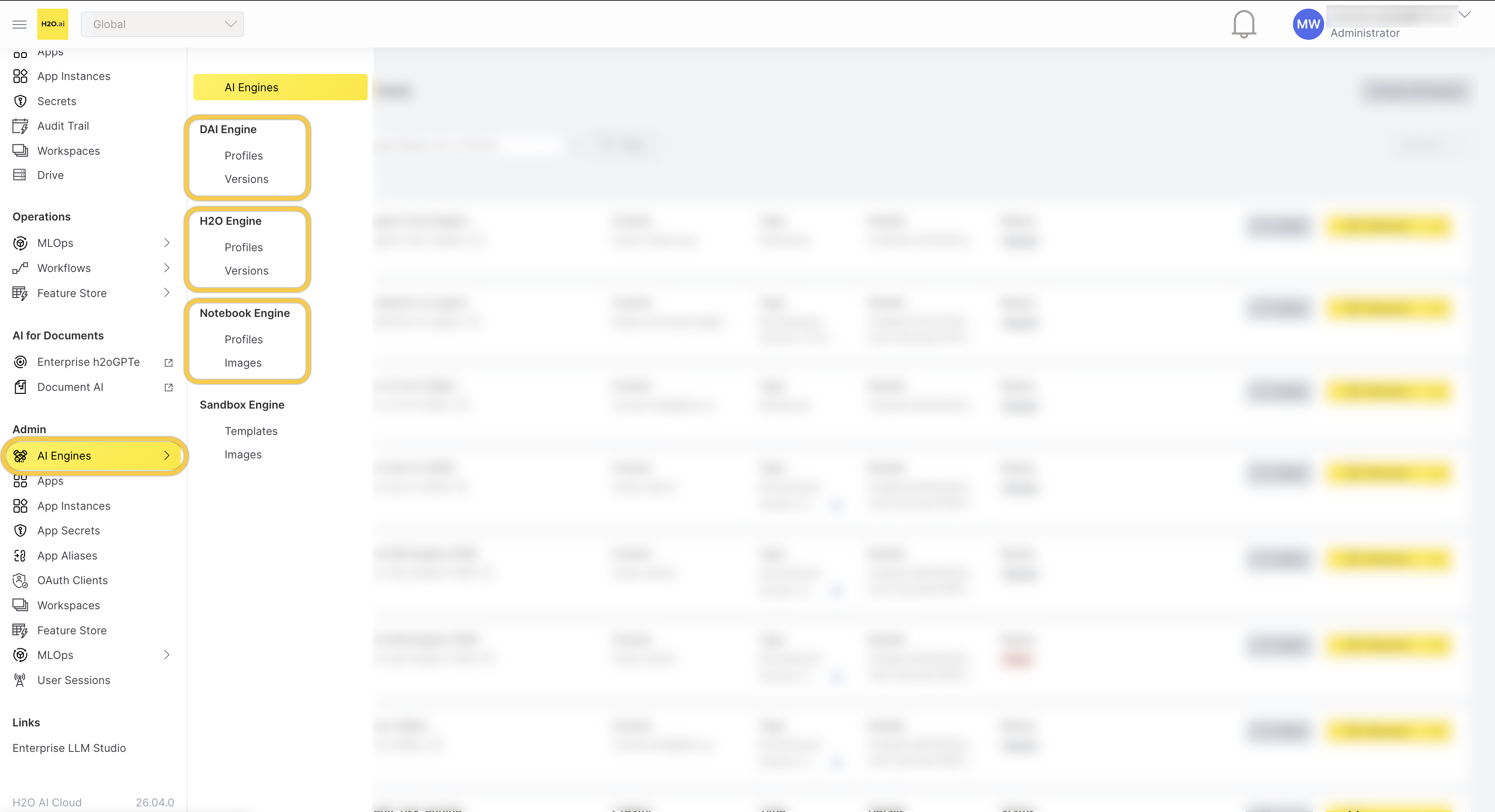 Admin sidebar showing AI Engines with Profiles sub-items for DAI Engine, H2O Engine, and Notebook Engine