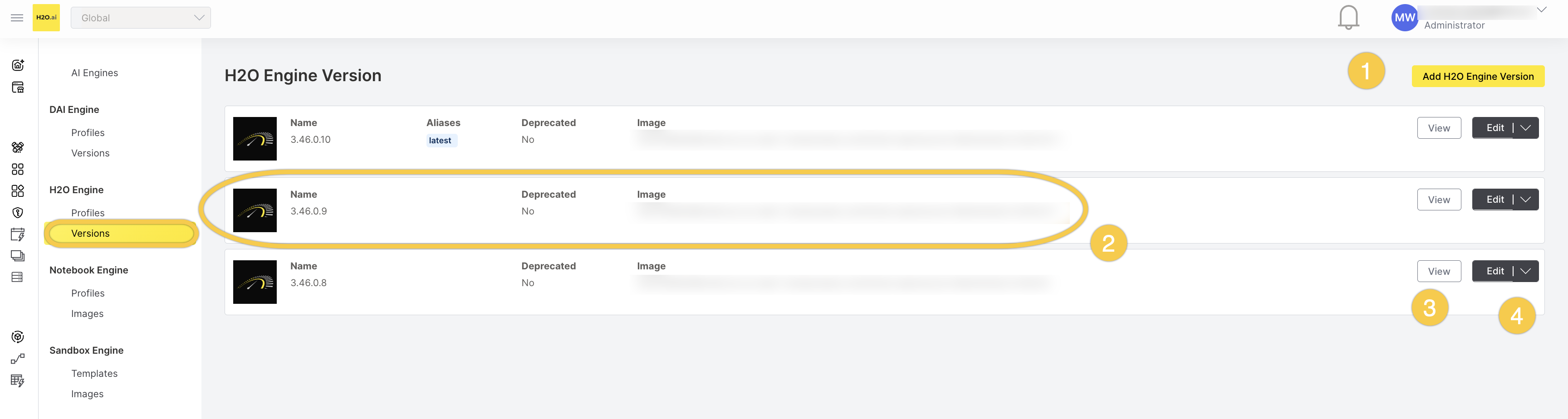 H2O Engine Version list showing available versions with name, aliases, deprecated status, and container image. Callouts: (1) Add H2O Engine Version button, (2) a version row, (3) View button, (4) Edit button with dropdown menu.