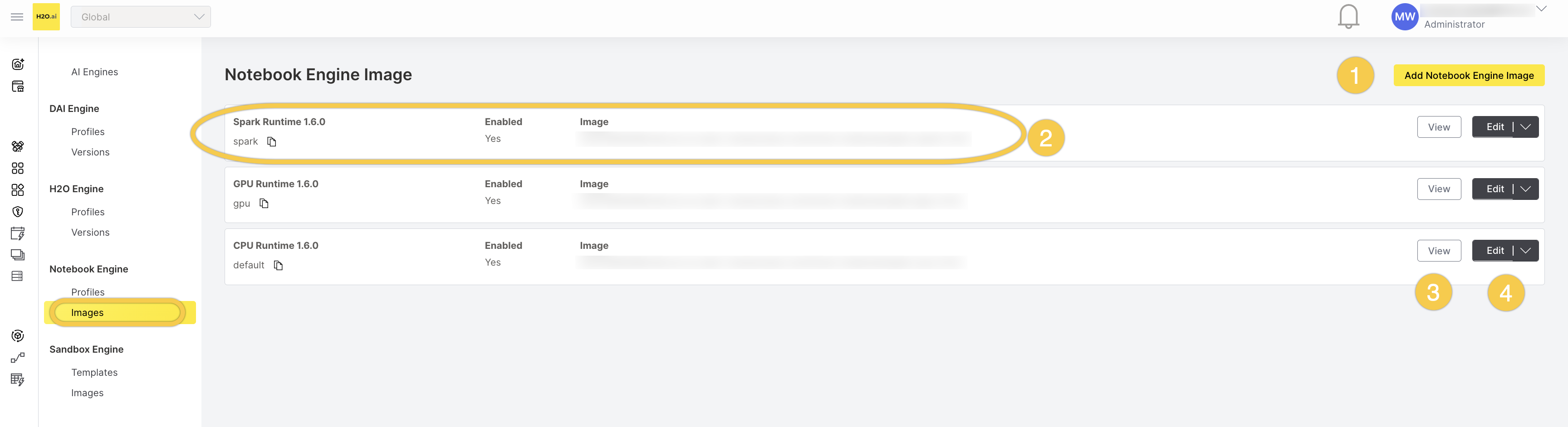 Notebook Engine Image list showing available images with name, image ID, enabled status, and container image. Callouts: (1) Add Notebook Engine Image button, (2) an image row, (3) View button, (4) Edit button with dropdown menu.