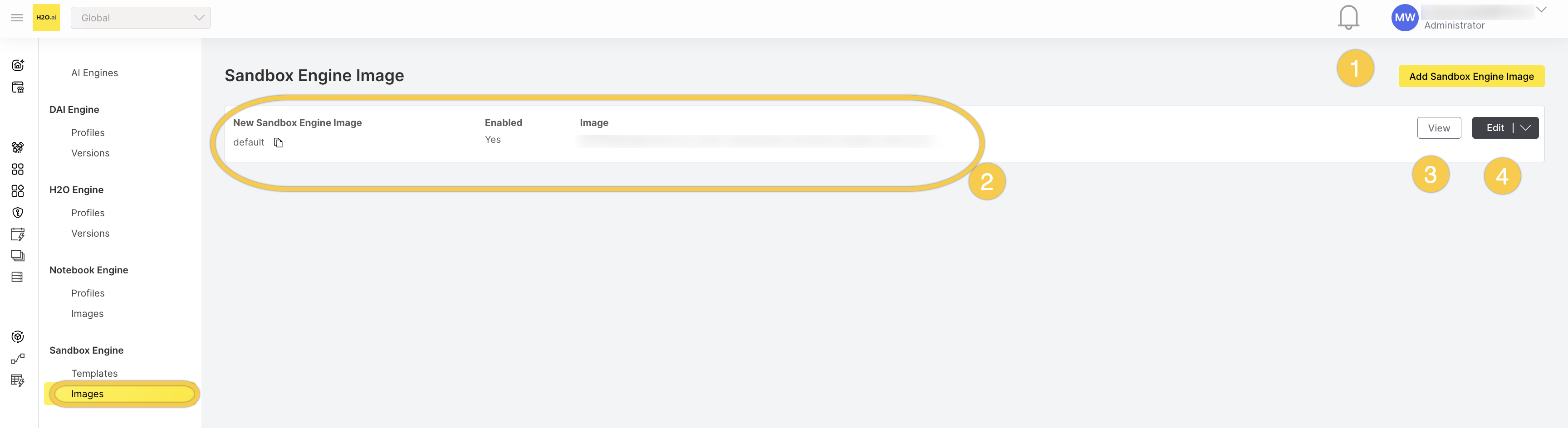 Sandbox Engine Image list showing one image with name, image ID, enabled status, and container image. Callouts: (1) Add Sandbox Engine Image button, (2) an image row, (3) View button, (4) Edit button with dropdown menu.