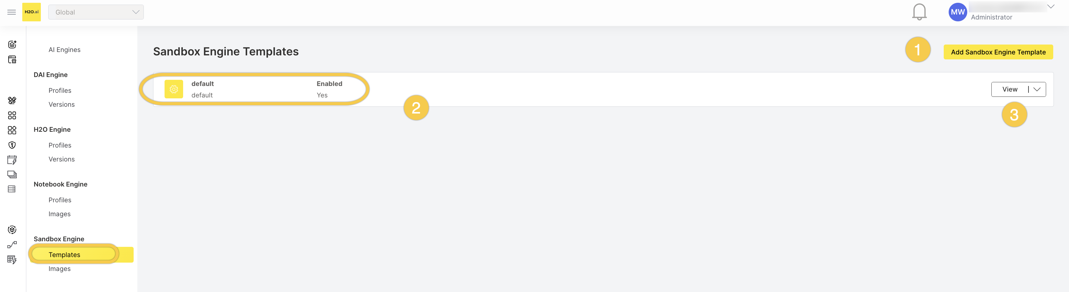 Sandbox Engine Templates list showing one template with name, template ID, and enabled status. Callouts: (1) Add Sandbox Engine Template button, (2) a template row, (3) View button with dropdown menu.