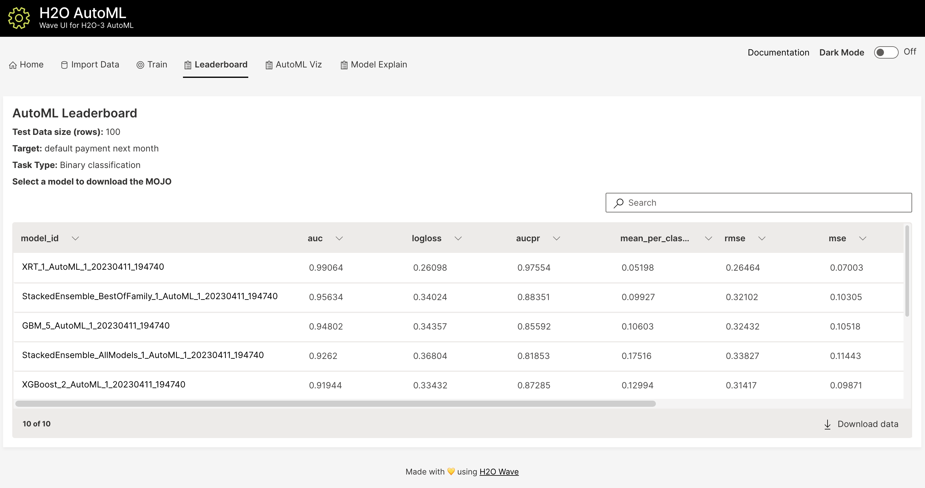 H2O AutoML Wave app - model explainability view