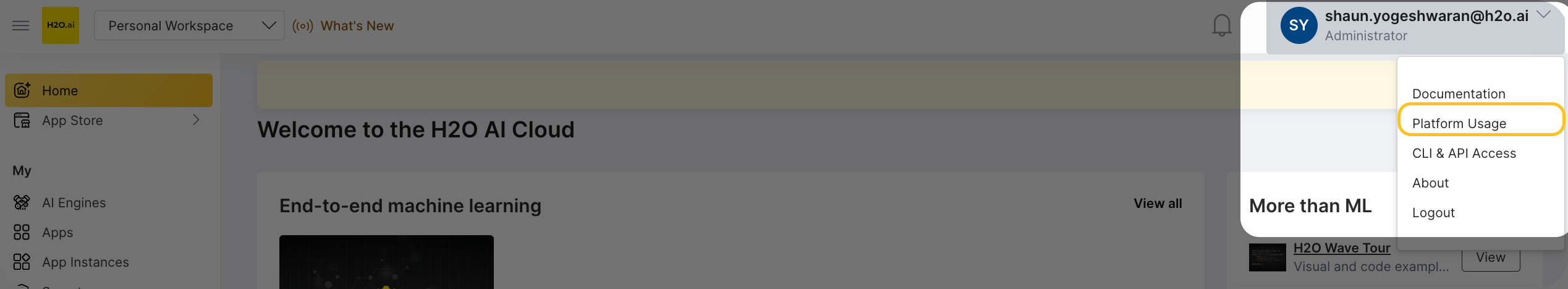 Platform Usage dashboard overview