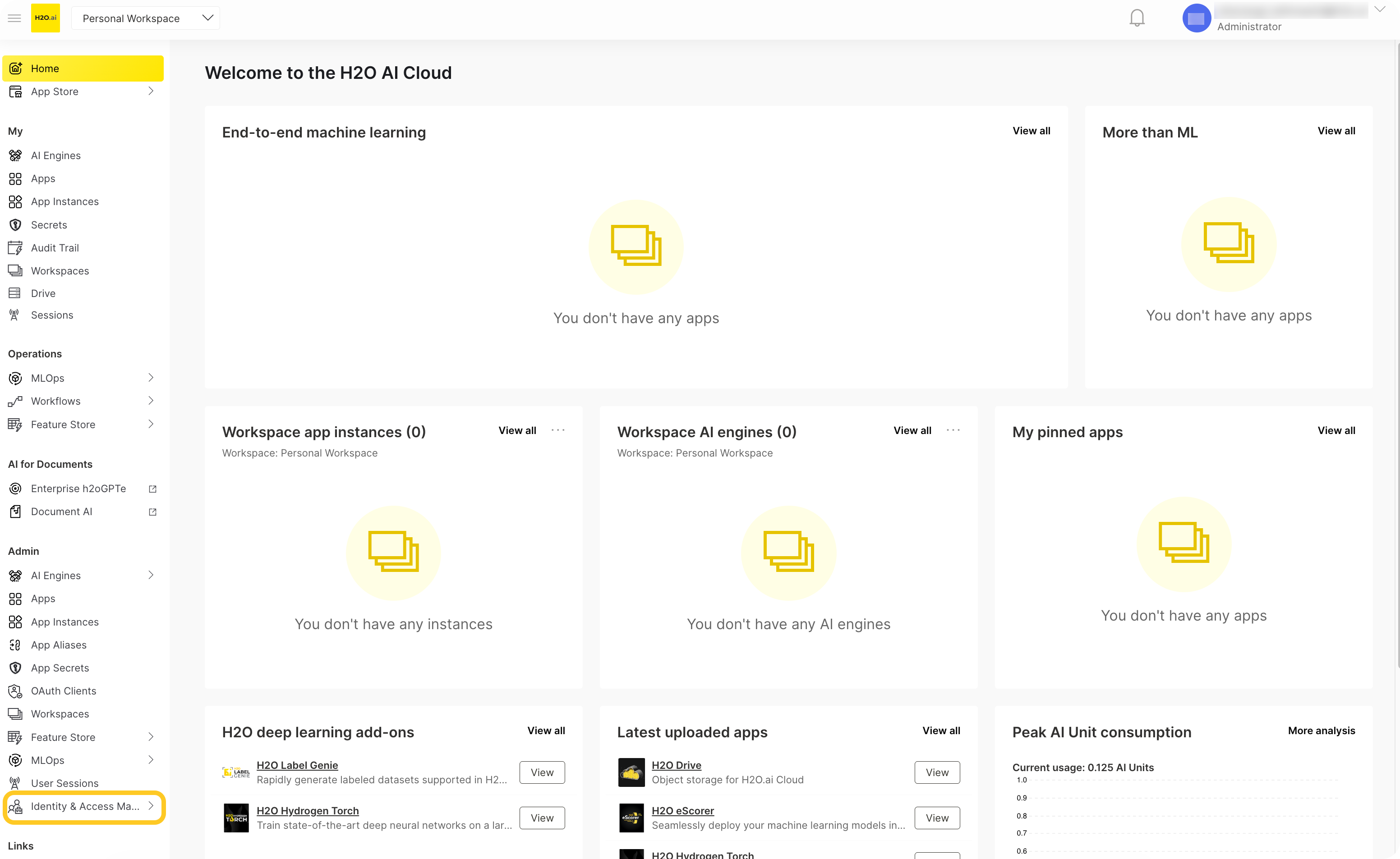 Identity &amp; Access Management highlighted in the Admin section of the left navigation