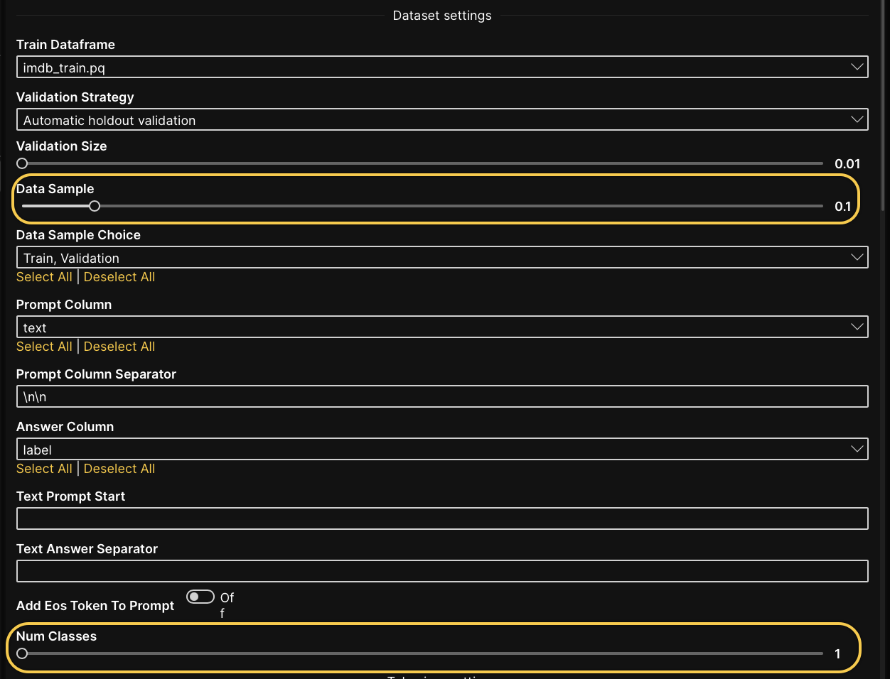 dataset settings