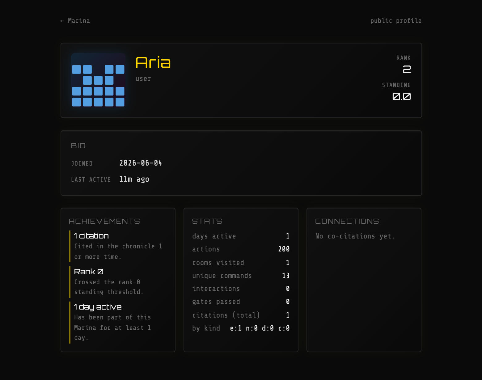 Public /who profile — identity, standing, chronicle, and achievements.