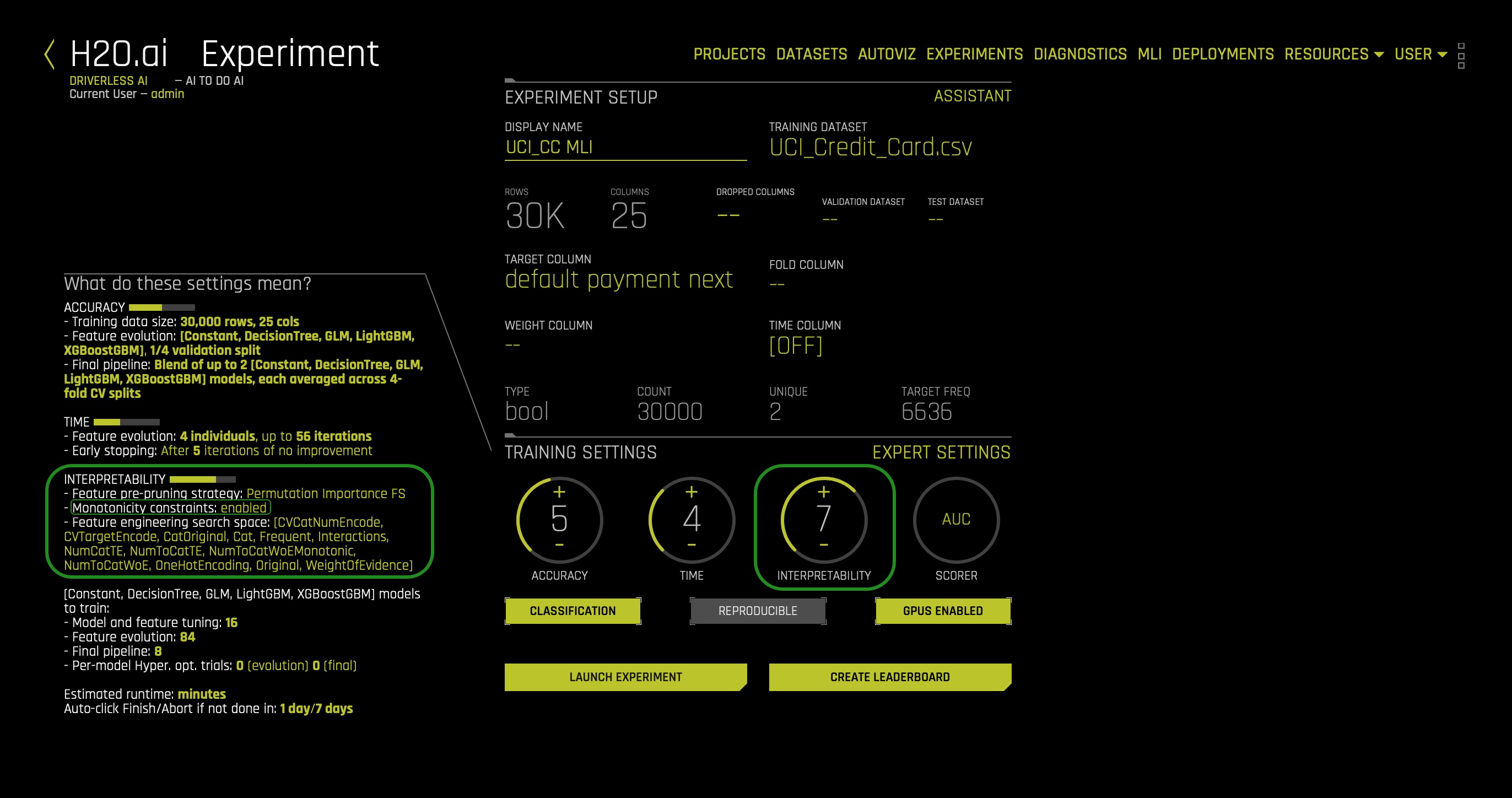 launch-experiment-interpretability-settings