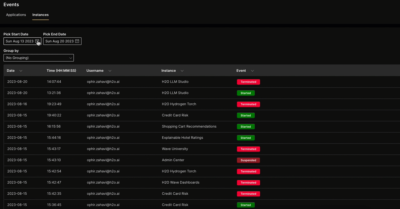 select start date and end date